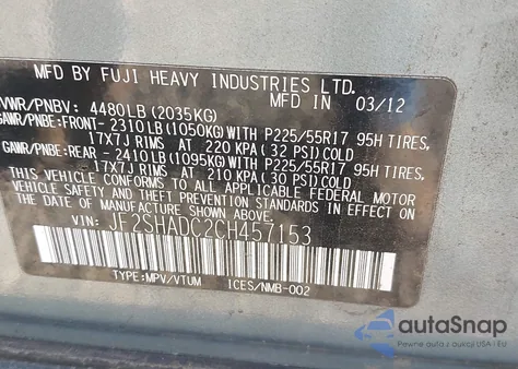 2012 Subaru Forester 2.5X Premium from USA, damaged, VIN JF2SHADC2CH457153